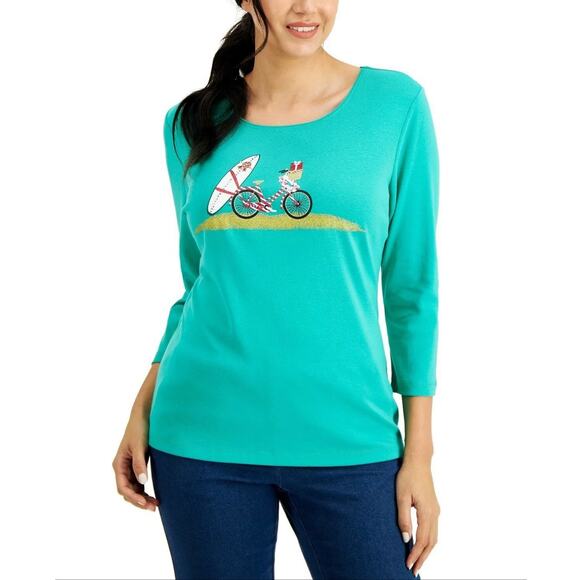 Karen Scott Green Printed Glitter Bike & Surfboard Top -S - Picture 1 of 6